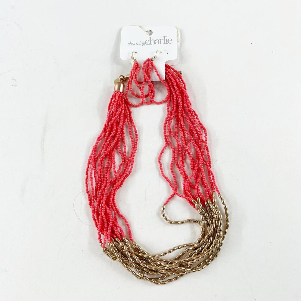 Charming Charlie Tropical Escape Coral Beaded Earring and Necklace Set